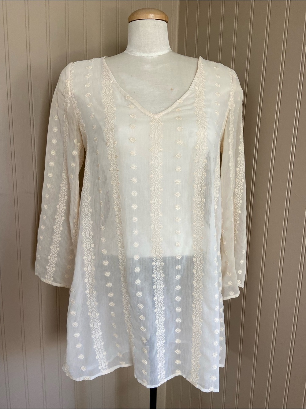 Vintage Y2K Forever 21 Sheer Chiffon Embroidered Mini Dress Cover Up M